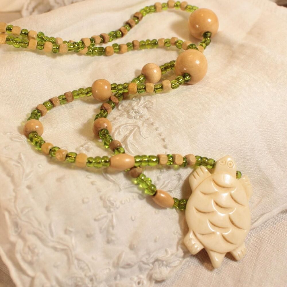 Bohemian Earthy Carved Turtle Pendant Necklace with Wooden and Green Beads